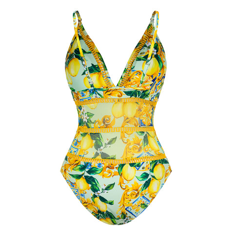 V Neck Blue Mediterranean Print One Piece Swimsuit and Mesh Splicing Skirt