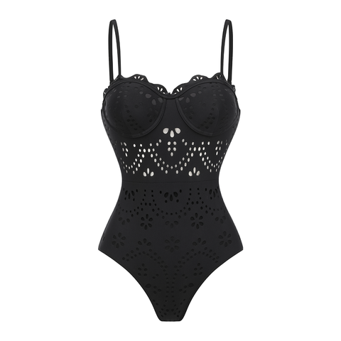 Black Laser Cut Hollow One Piece Swimsuit and Skirt