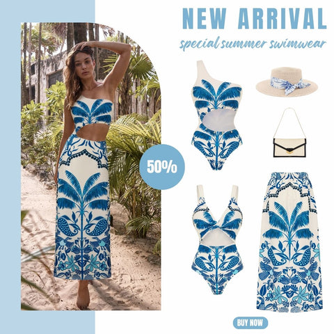 Sling Cut Out Coconut Tree Print One Piece Swimsuit and Skirt