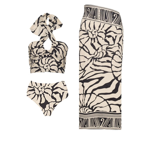 Detachable Puff Sleeves Printed High Waist Bikini Swimsuit and Skirt