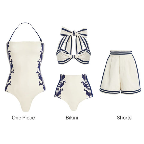 Navy Style Printed One Piece Swimsuit and Shorts