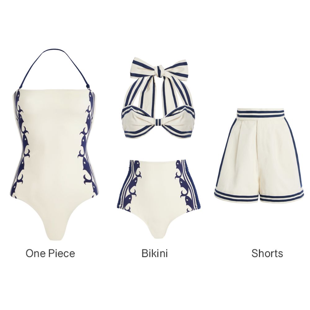 Navy Style Printed Bikini Swimsuit and Shorts	