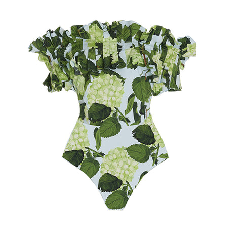 Off Shoulder Hydrangea Print Ruffle One Piece Swimsuit and Skirt