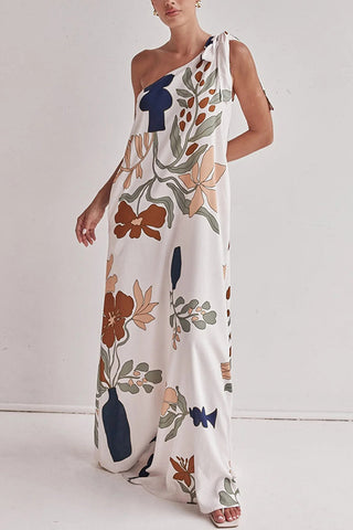 Oblique Shoulder  Printed Dress