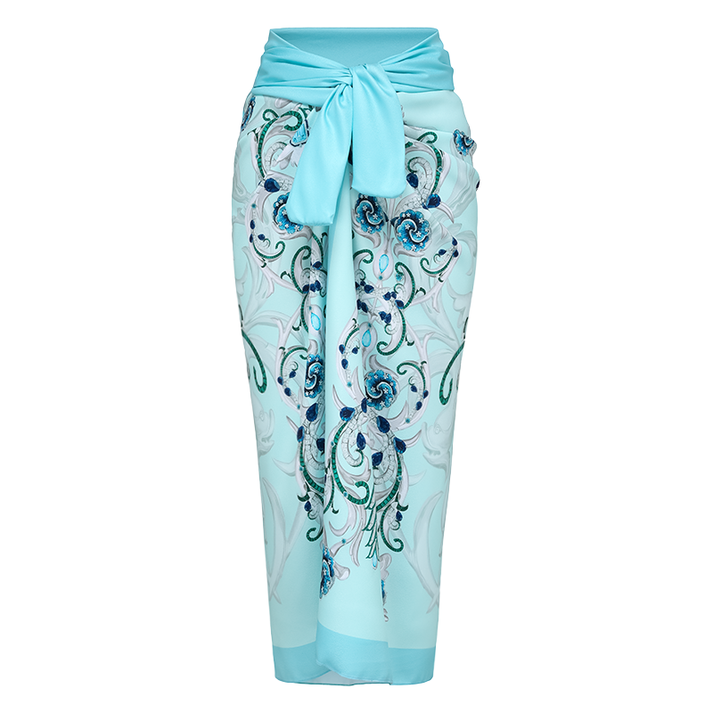 Sling Blue Jewelry Series Pattern Print One Piece Swimsuit and Skirt or Sarong	