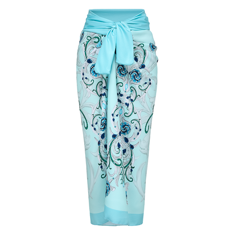 Sling Blue Jewelry Series Pattern Print One Piece Swimsuit and Skirt or Sarong	