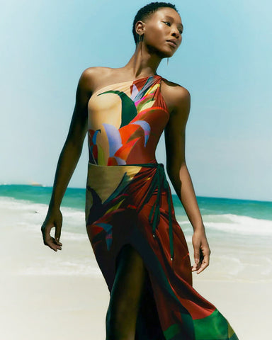 One Shoulder Printed One Piece Swimsuit and Skirt