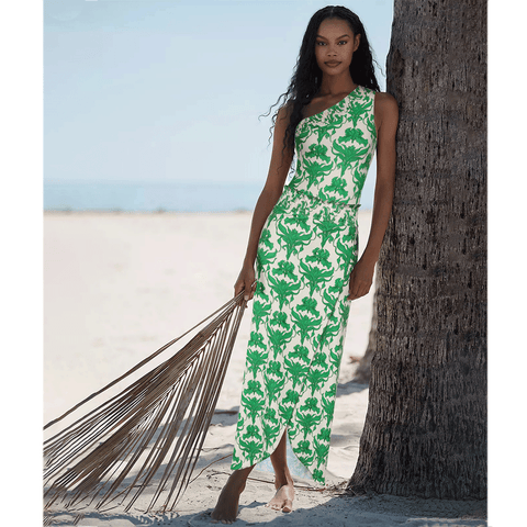 One Shoulder Shirring Iris Print One Piece Swimsuit and Skirt