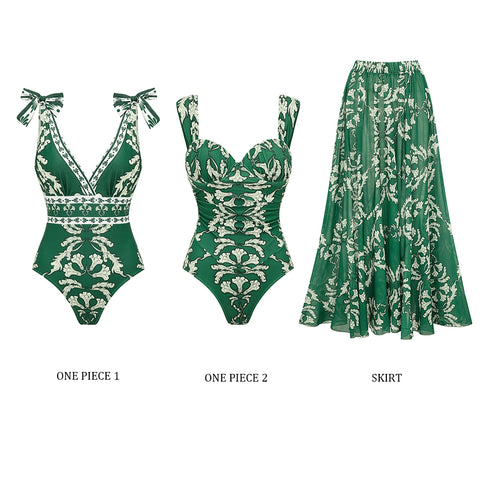 Green V Neck Lace Up Printed One Piece Swimsuit and Skirt