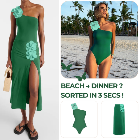 Oblique Shoulder 3D Flower One Piece Swimsuit and Skirt