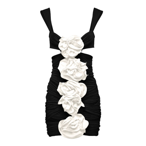 Black 3D Flower Cutout One Piece Swimsuit and Skirt