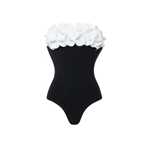 Bandeau 3D Flower Color Block One Piece Swimsuit And Skirt	