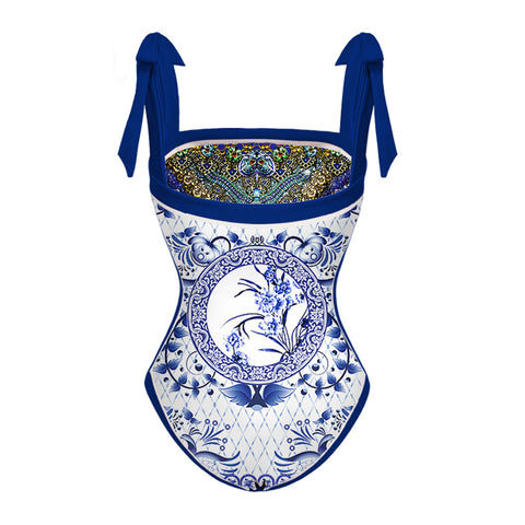 Reversible Tie-shoulder One Piece Swimsuit and Sarong