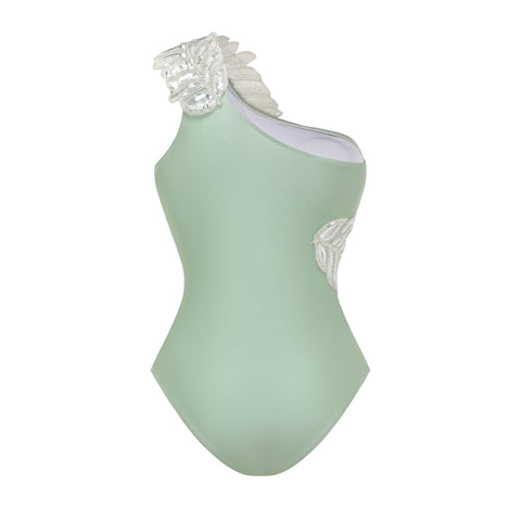 One Shoulder Sequin Leaf Embroidery One Piece Swimsuit and sarong