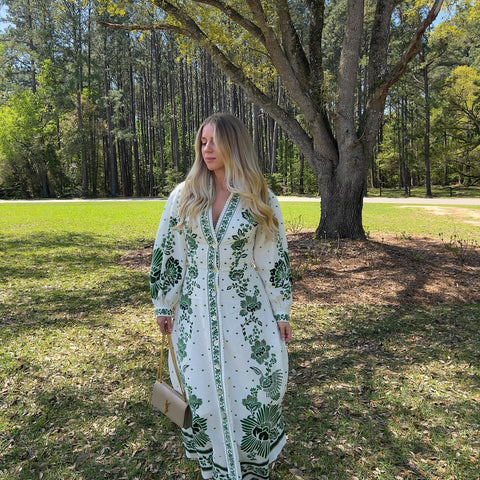 V Neck Retro Printed In Green Dress