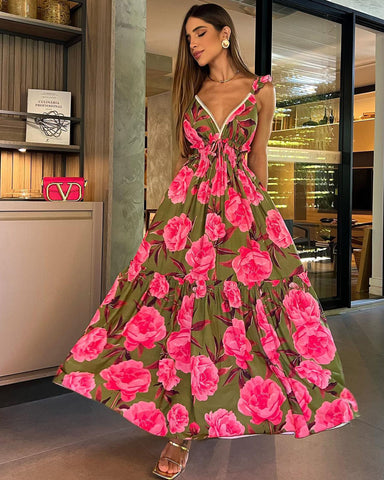 Ruffle Printed Cut Out Maxi Dress