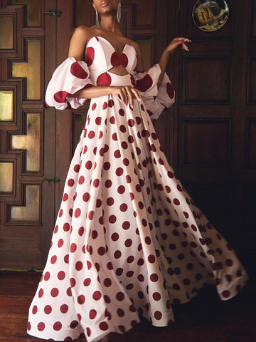 Bandeau Puff Sleeve Polka Dot Printed Dress