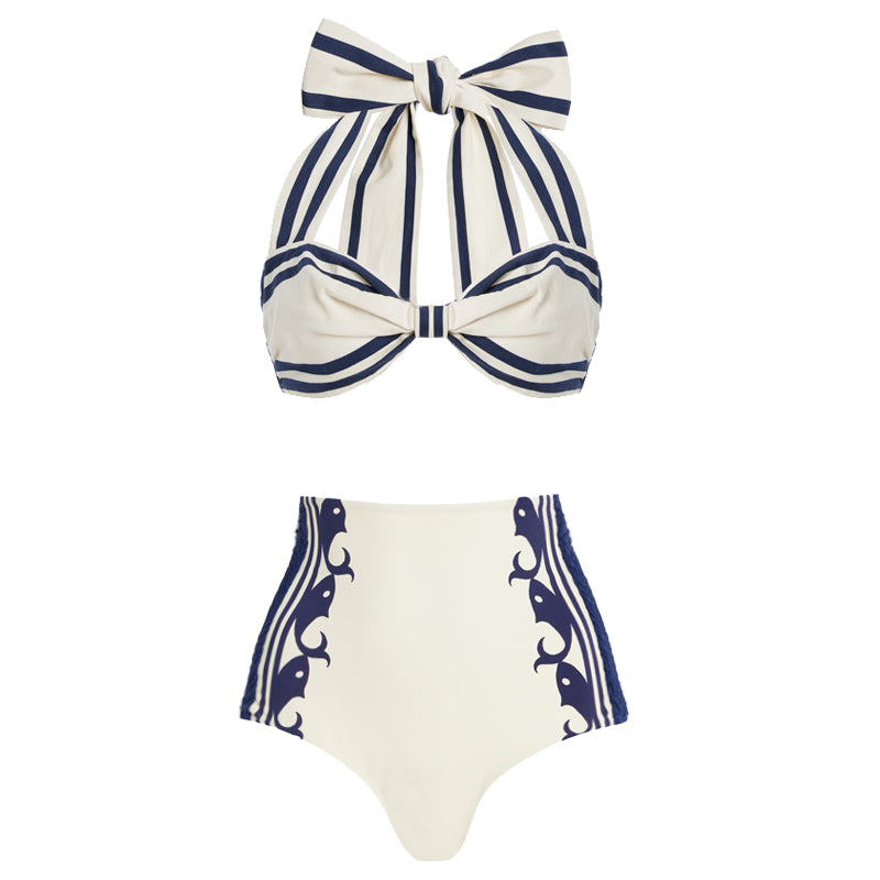 Navy Style Printed Bikini Swimsuit and Shorts	