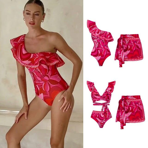 One Shoulder Ruffle Printed One Piece Swimsuit and  Sarong or Shorts