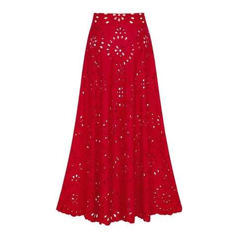 Red Laser Cutting Flower Hollow One Piece Swimsuit and Skirt