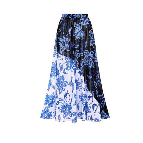 Color Block Printed Long Sleeve One Piece Surf Swimsuit and Skirt	
