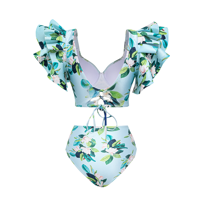 Ruffle Mangnolia Print Bikini Swimsuit and Skirt	