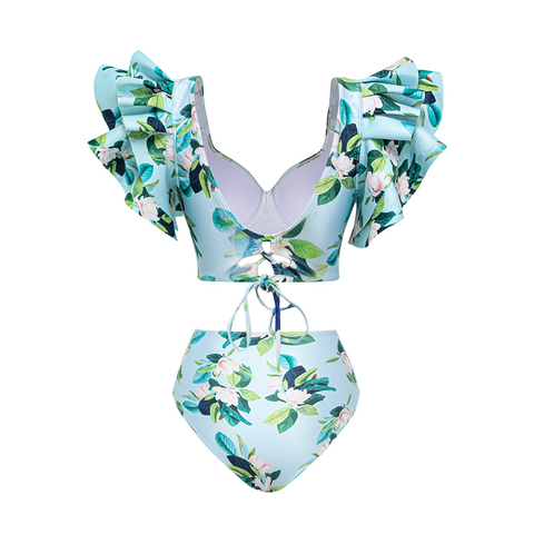 Ruffle Mangnolia Print Bikini Swimsuit and Skirt	