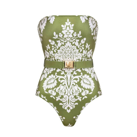 Retro Print Removable Belt Detail Sling One Piece Swimsuit and sarong