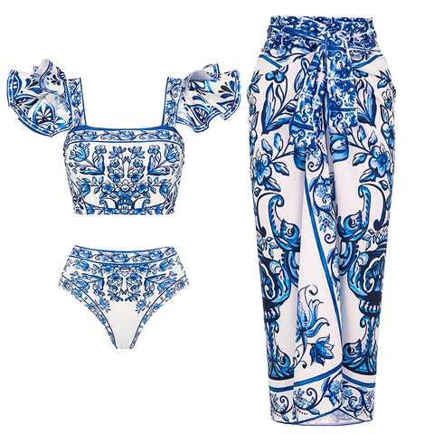 Ruffle Blue and White Porcelain Pattern Majolica Print Bikini Swimsuit and Skirt or Sarong	