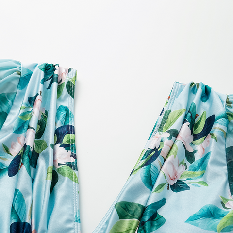 Long-sleeved Mangnolia Print One Piece Swimsuit and Skirt