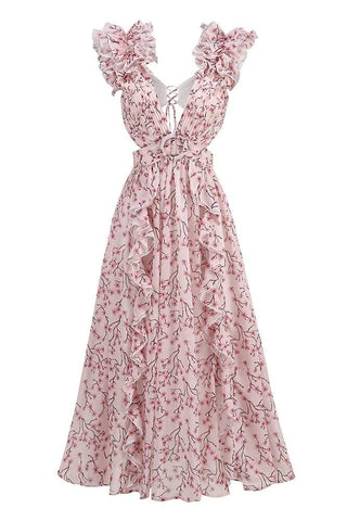Backless V Neck Printed Dress