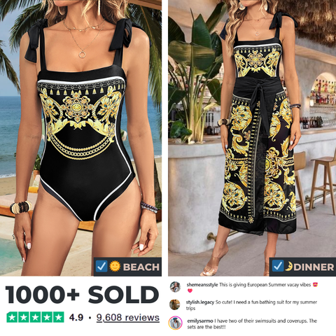 Reversible Tie-shoulder One Piece Swimsuit and Sarong