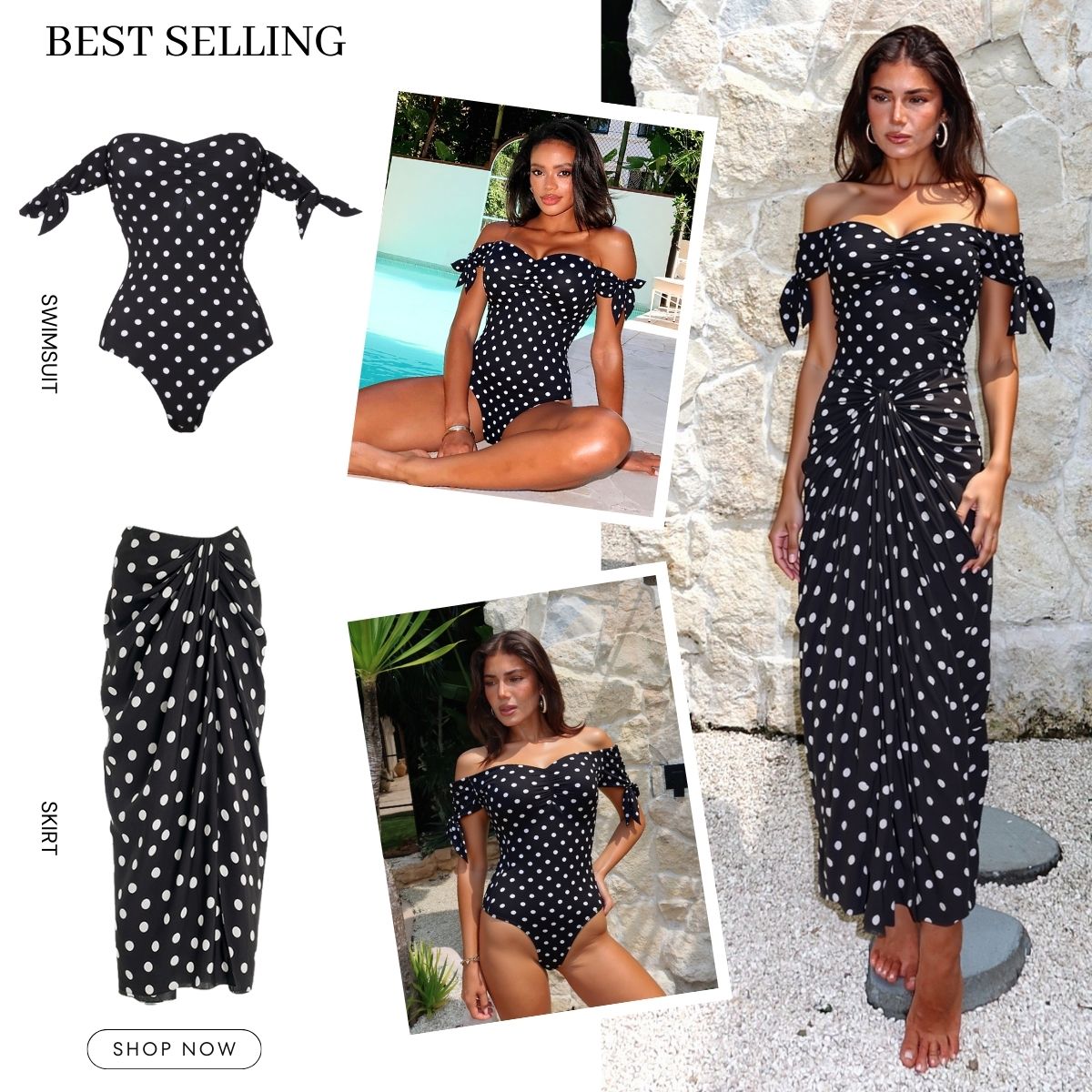 Polka-Dot One Piece Swimsuit and Skirt	