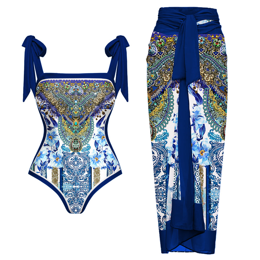 Reversible Tie-shoulder One Piece Swimsuit and Sarong
