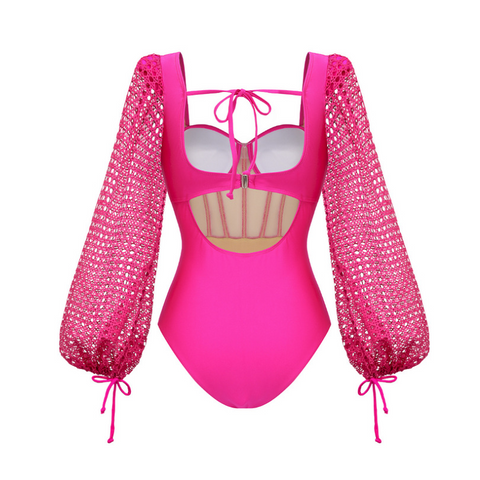 Mesh Hollow Long-sleeved Net Yarn Splicing One Piece Swimsuit and sarong