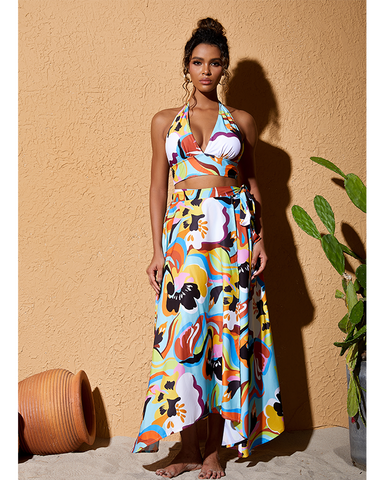 Color Block Halter Bikini Swimsuit and Skirt Flaxmaker