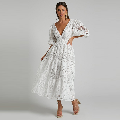 V Neck Puff Sleeve Lace Dress