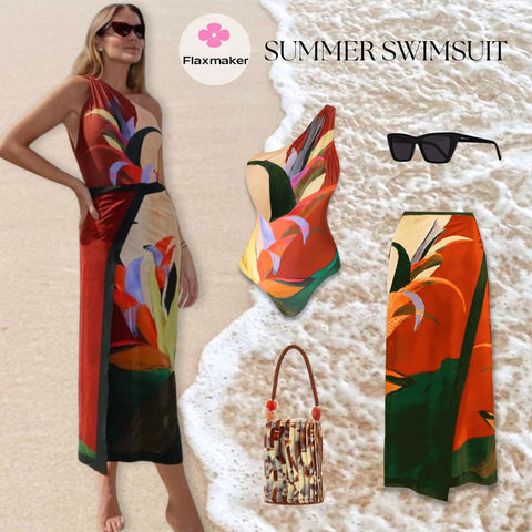 One Shoulder Printed One Piece Swimsuit and Skirt