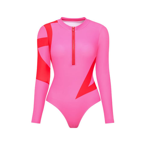 Color Block Long Sleeve Zip Front One Piece Swimsuit and sarong