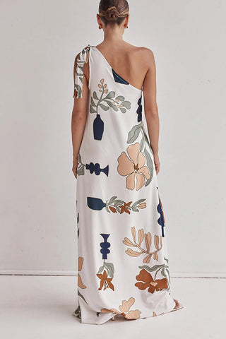 Oblique Shoulder  Printed Dress