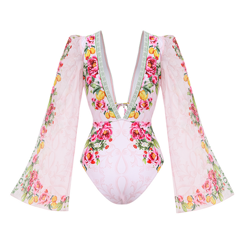 Long sleeves Bow-tie Lemon Floral Pattern Print One Piece Swimsuit and Skirt