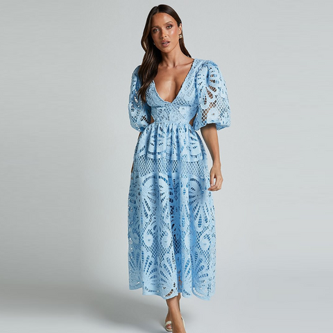 V Neck Puff Sleeve Lace Dress