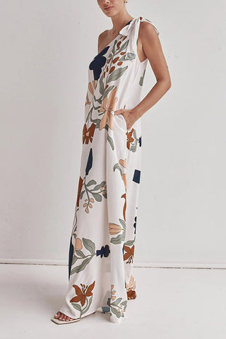 Oblique Shoulder  Printed Dress