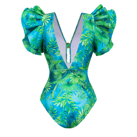 Ruffled Jungle Green Print One Piece  Swimsuit and Skirt	