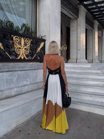 V Neck Color Block Maxi Dress