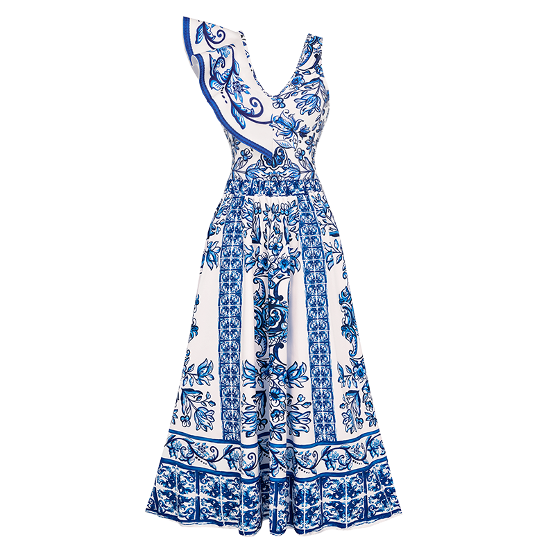 Ruffle V Neck Blue and White Porcelain Majolica Pattern Print One Piece Swimsuit and Skirt or Sarong	