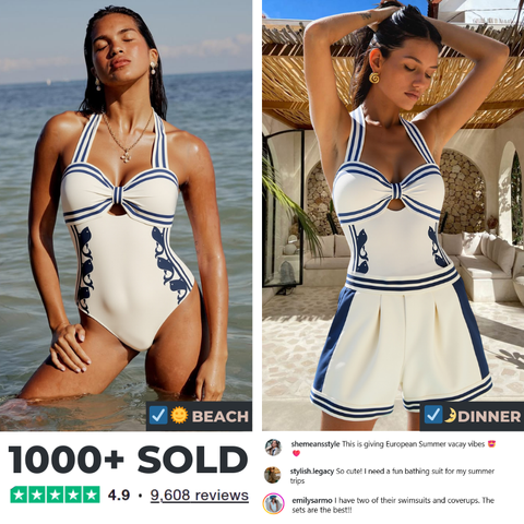 Navy Style Printed Bow Tie Decor One Piece Swimsuit and Skirt