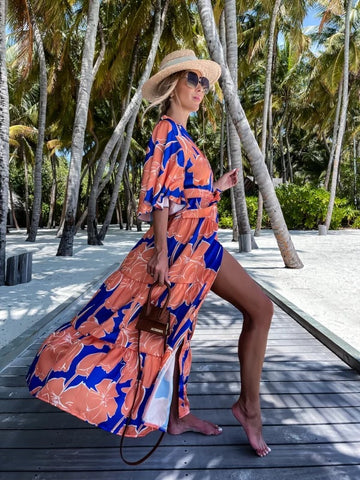 Blossom Printed Lace Up Beach Dress