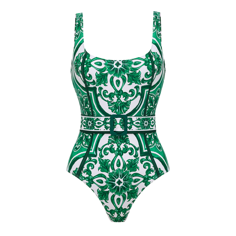 Classic Majolica Series Pattern Print One Piece Swimsuit and Pants or Skirt	