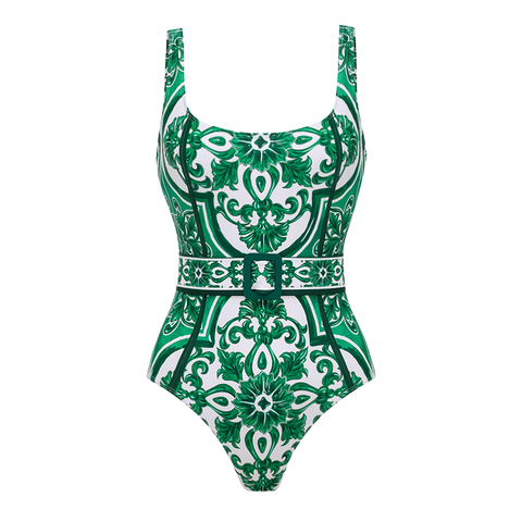 Classic Majolica Series Pattern Print One Piece Swimsuit and Pants or Skirt	